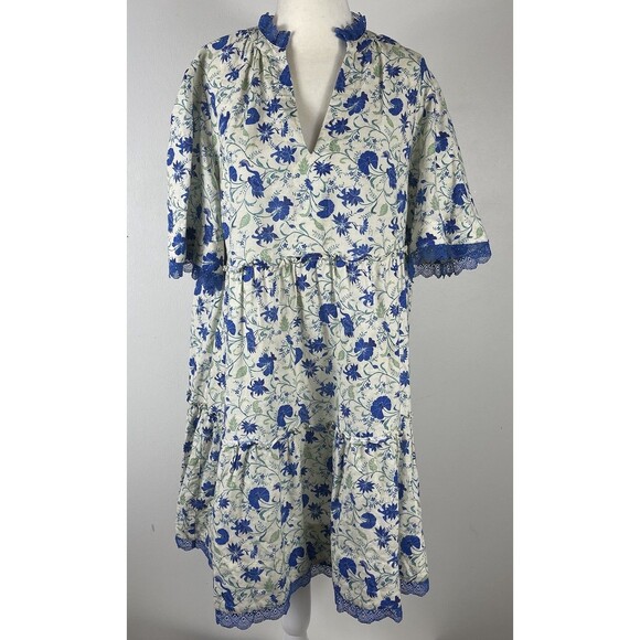 Tuckernuck Bluebird Melody Crawford Dress M/L Linen Cotton Floral Tiered Ruffle